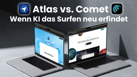 Zwei Laptops zeigen die Browser ChatGPT Atlas und